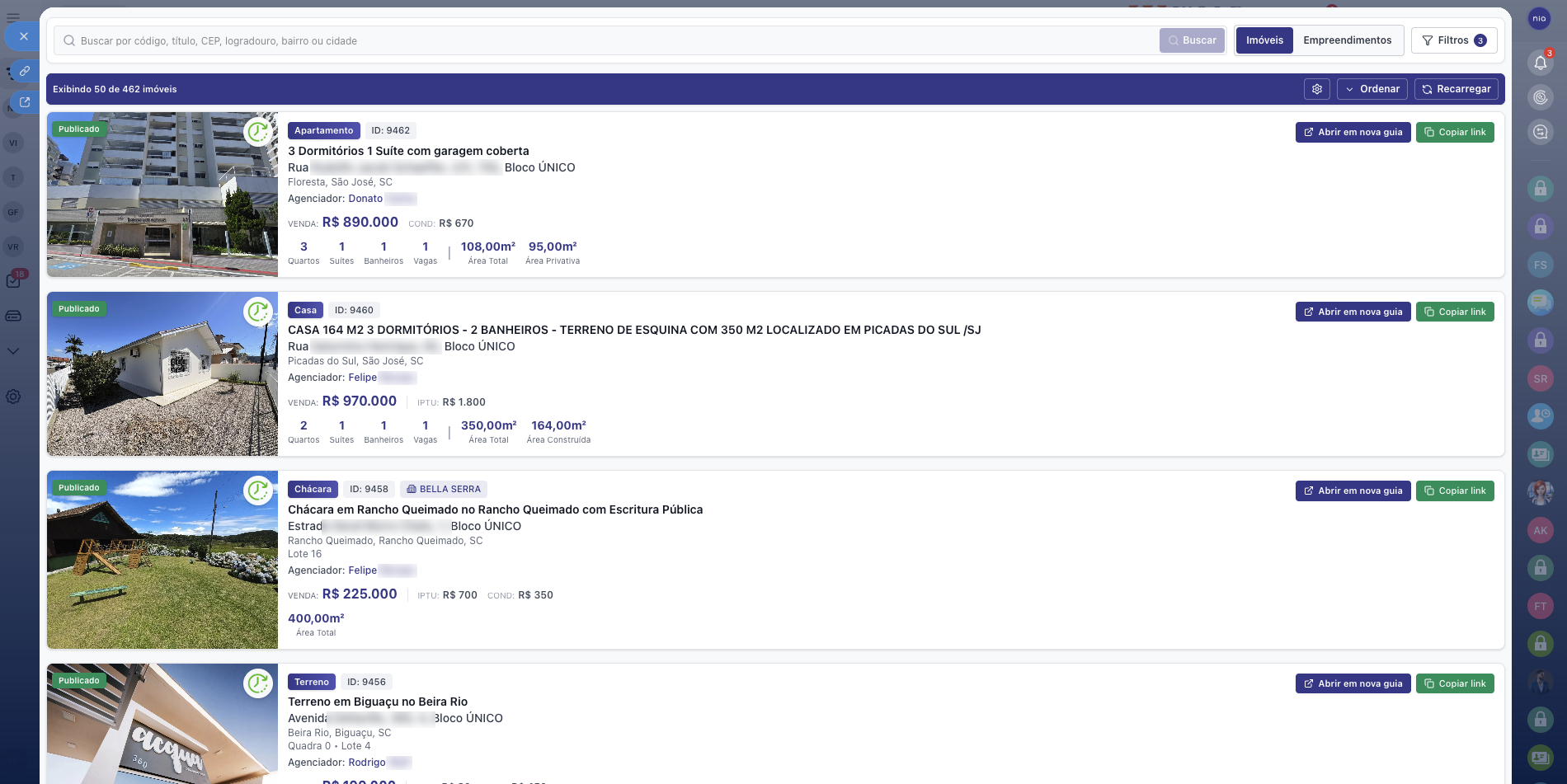 Tela do sistema de imóveis do NIA Journey com a listagem de imóveis, filtros e busca